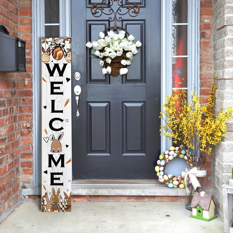 Seimip Easter Welcome Sign for Front Door, 47'' Tall Happy Easter Bunny Wooden Porch Sign for Patio, Rabbit Eggs Standing Vertical Door Signs Spring Rustic Yard Signs Seasonal Outdoor Signs for Garden - Image 3